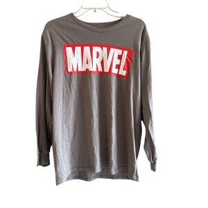 Marvel Logo Graphic Long Sleeve T-Shirt Men's Size L Gray Red/White